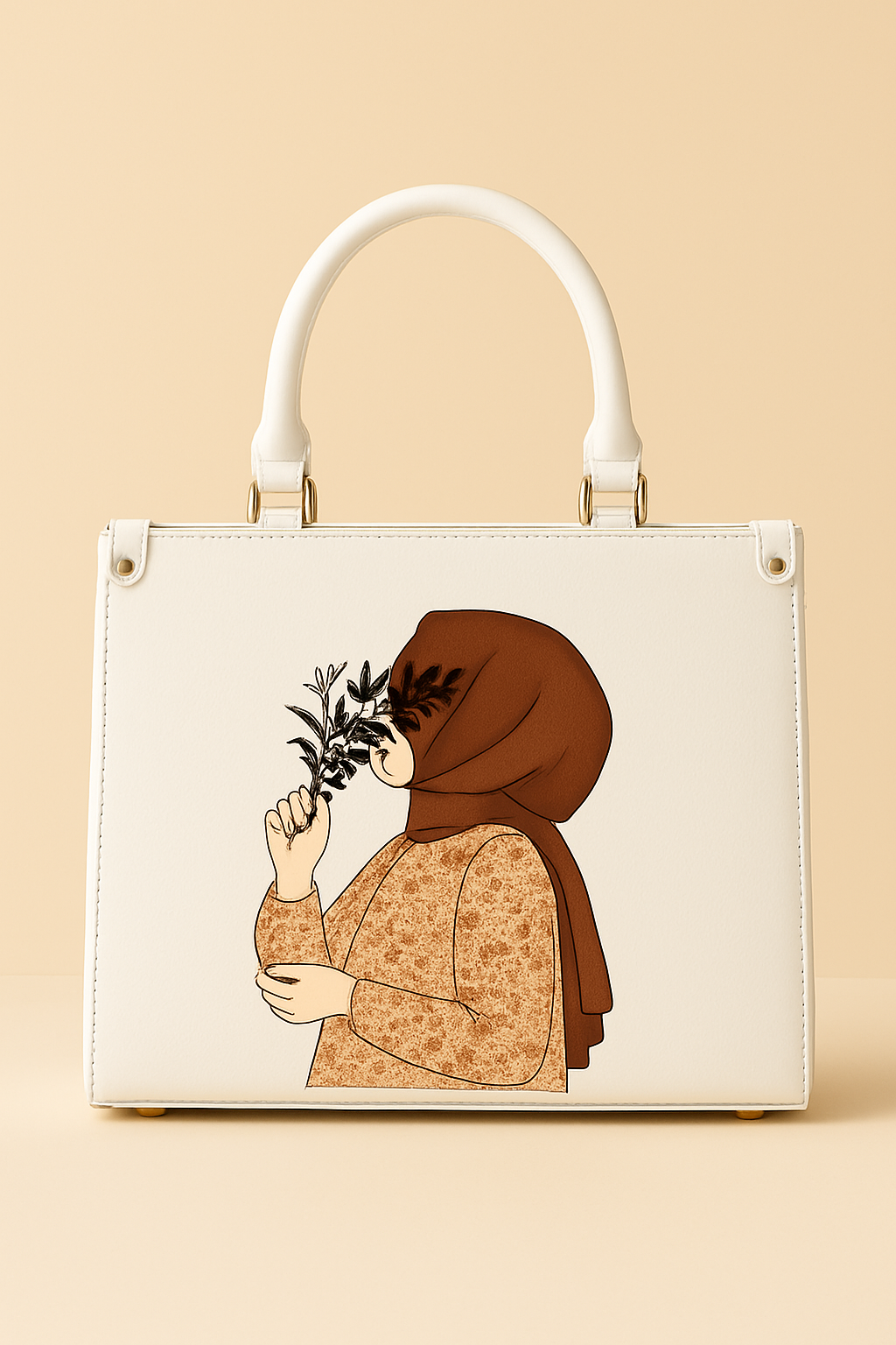 Hijab Girl Beige Canvas Tote Bag (White)