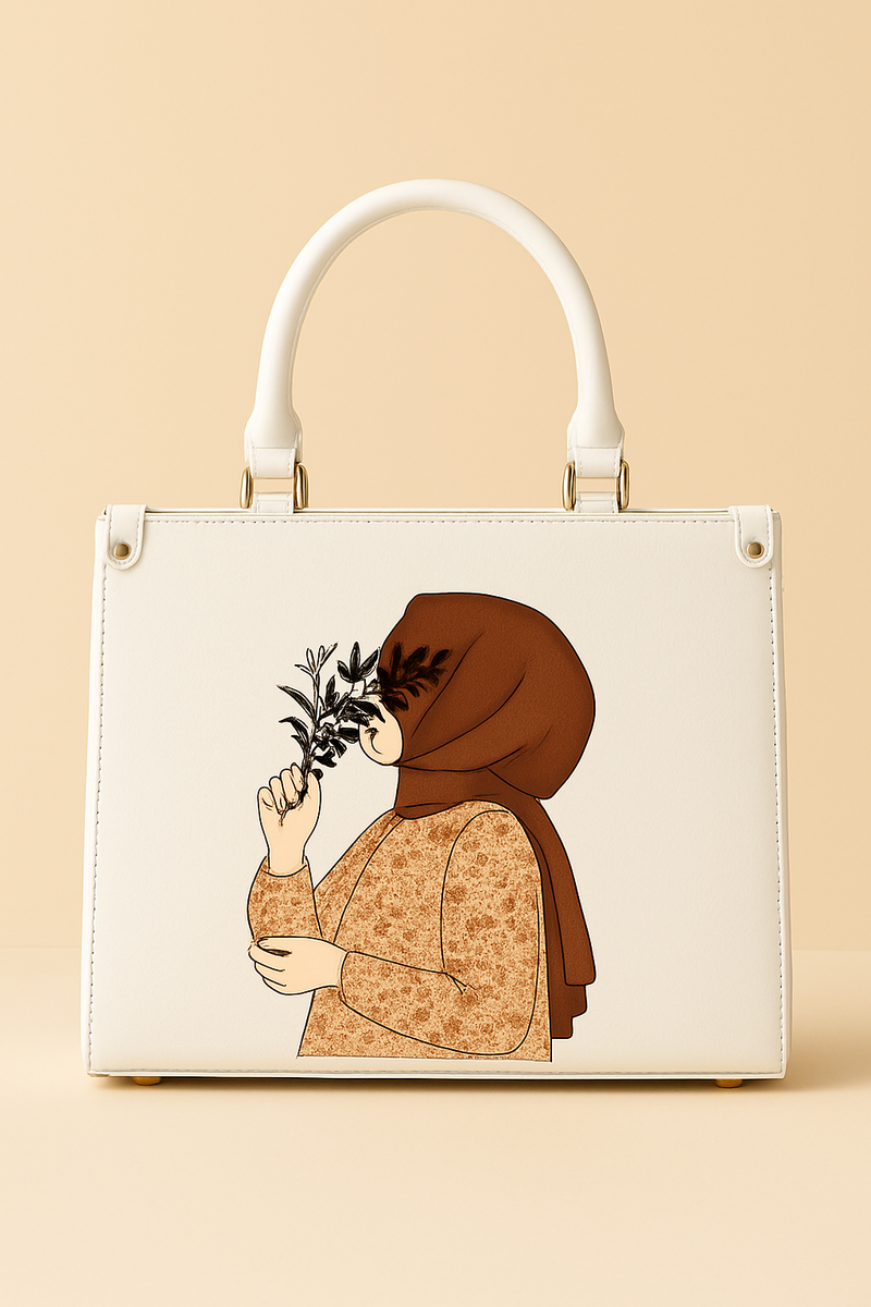 Hijab Girl Beige Canvas Tote Bag (White)