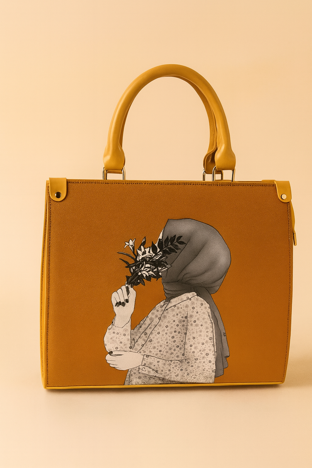Hijab Girl Beige Canvas Tote Bag (Mustard)