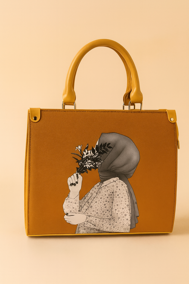 Hijab Girl Beige Canvas Tote Bag (Mustard)