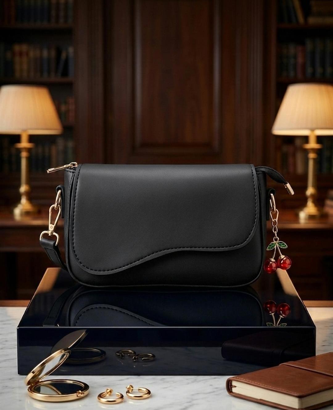 Noir Elegance Black Crossbody Bag with Cherry Charm