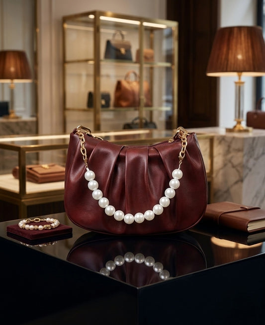 Elegant Maroon Pleated Bag with Pearl Chain