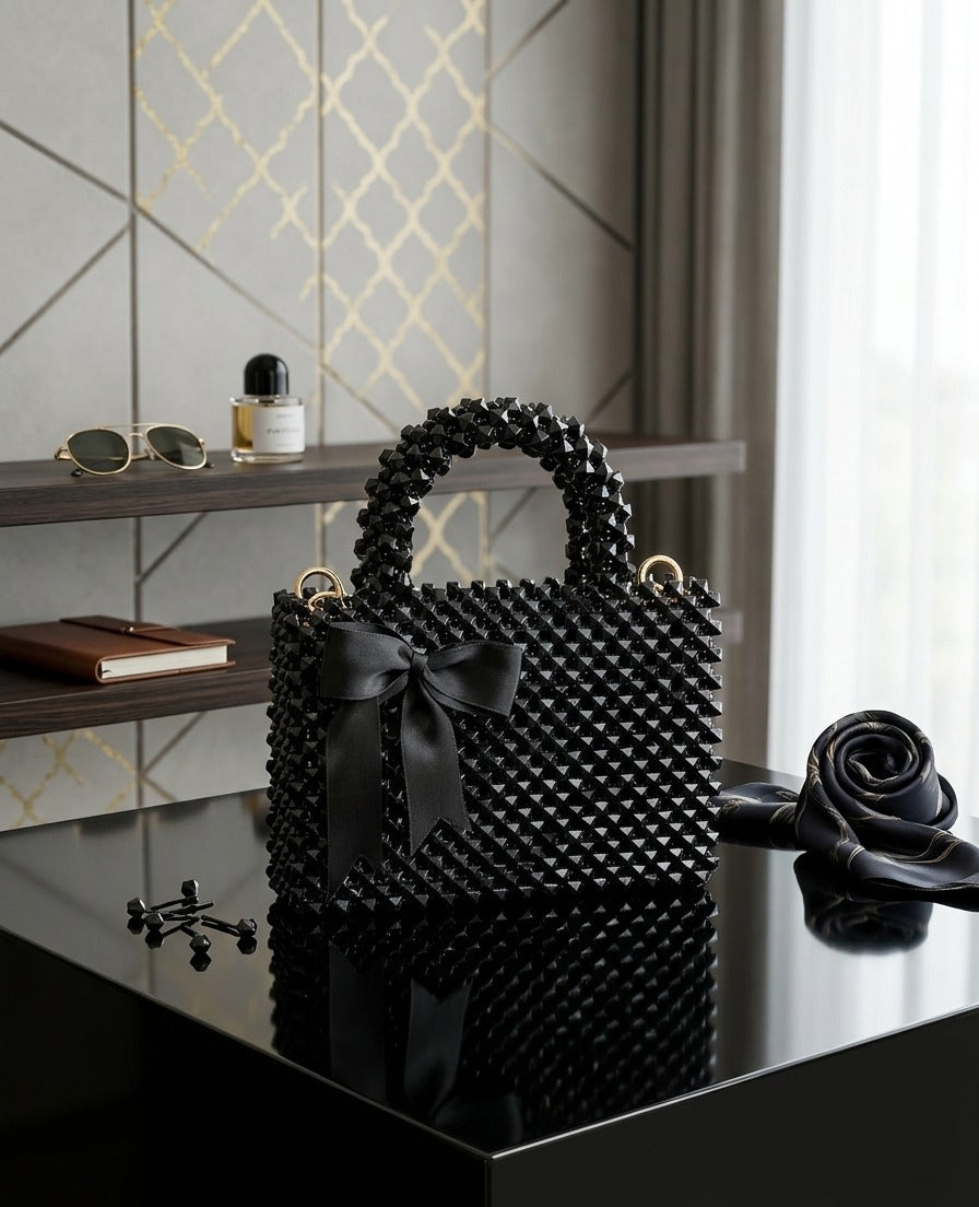 Luxury Black Crystal Studded Handbag with Bow Detail