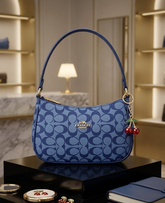 Coach-Inspired Denim Blue Monogram Bag with Cherry Charm