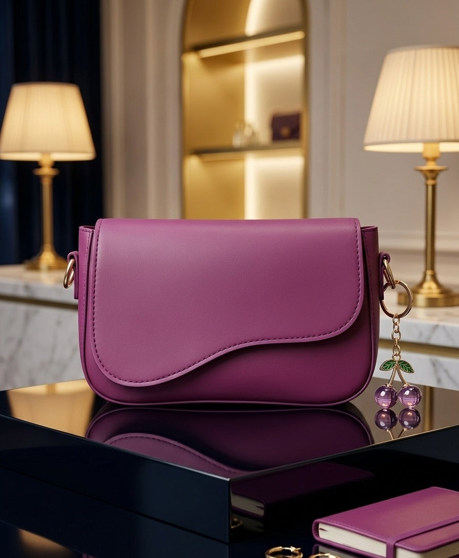 Majestic Plum Shoulder Bag with Lavender Cherry Charm