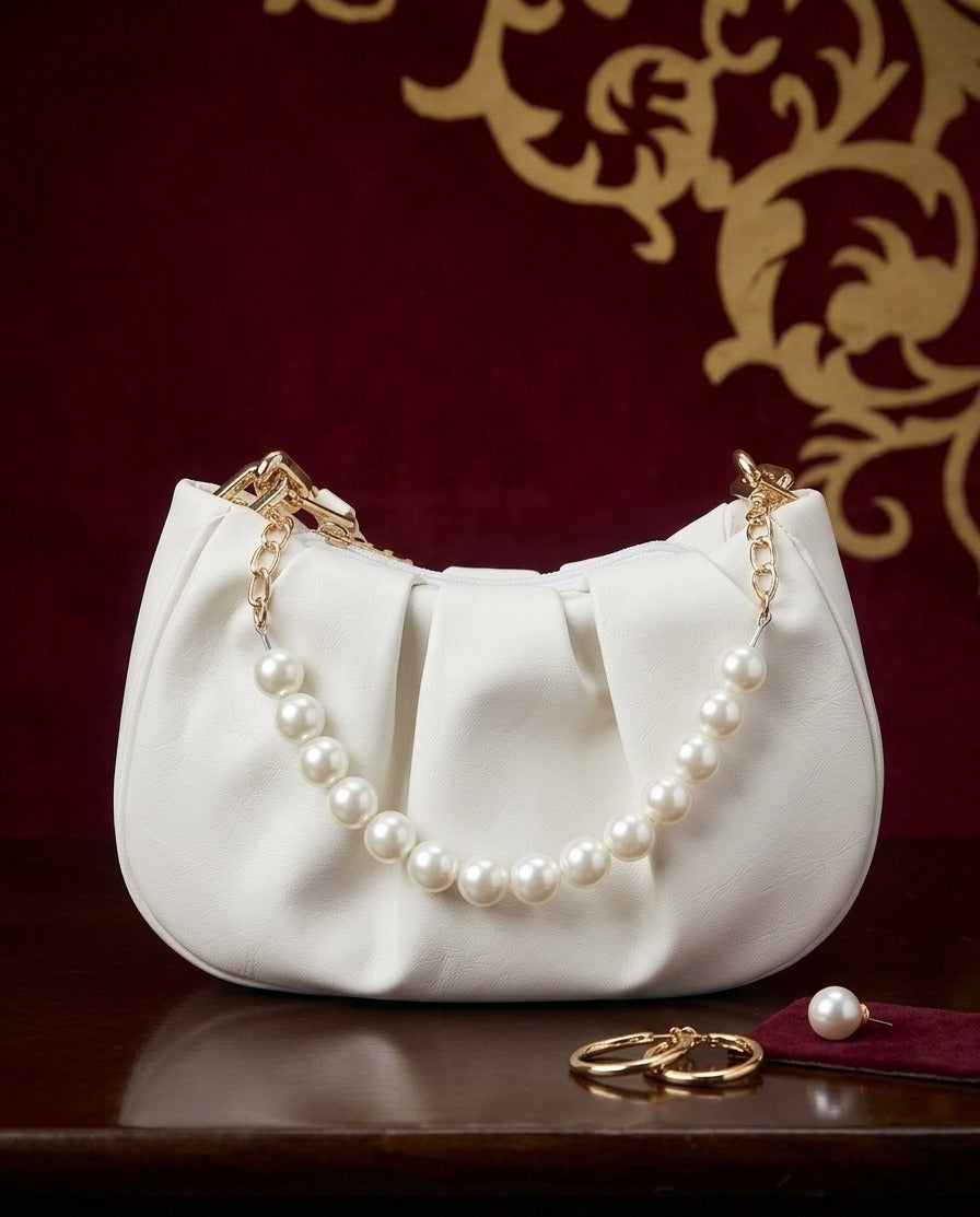 Elegant White Pearl Handle Clutch Bag for Women