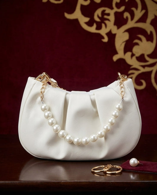 Elegant White Pearl Handle Clutch Bag for Women