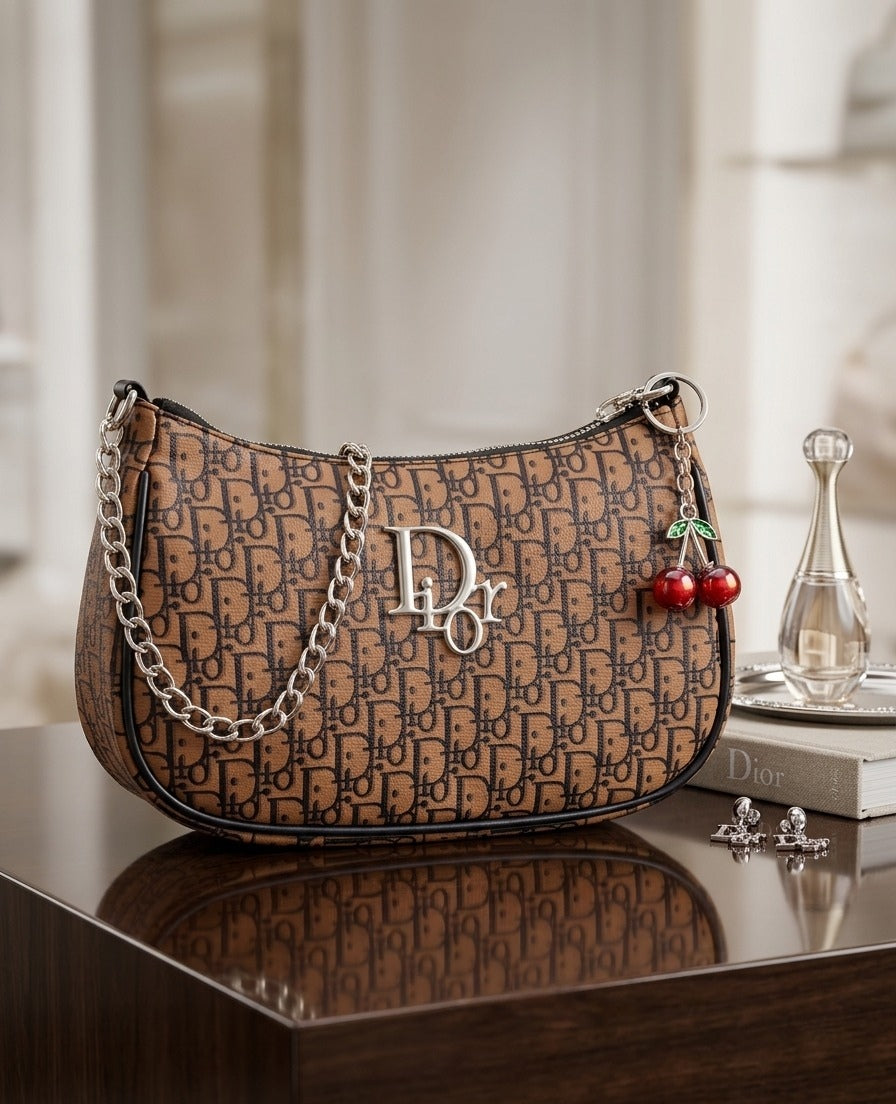 Dior-Inspired Monogram Shoulder Bag with Cherry Charm