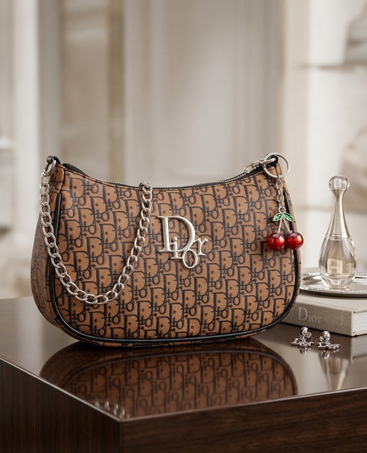 Dior-Inspired Monogram Shoulder Bag with Cherry Charm
